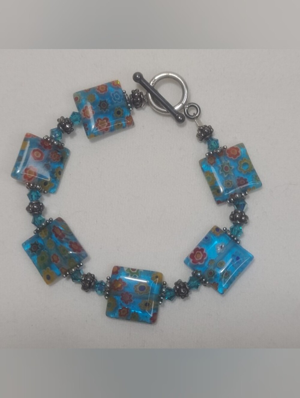Italy Handmade Blue Millefiori Glass Tile Bracelet & 925 Sterling Silver Toggle